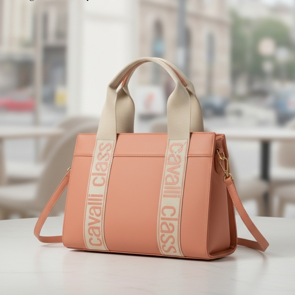 Cavalli Class Peach Shoulder Tote with Contrast Logo Straps